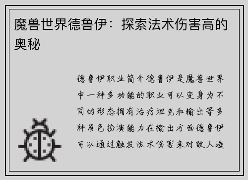 魔兽世界德鲁伊:探索法术伤害高的奥秘